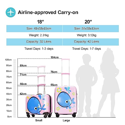 GinzaTravel 3D Little Whale Cute Children's Luggage Sit and Ride Trolley Case 18-inch Universal Wheel Travel Case for Boys and Girls, Pink color,