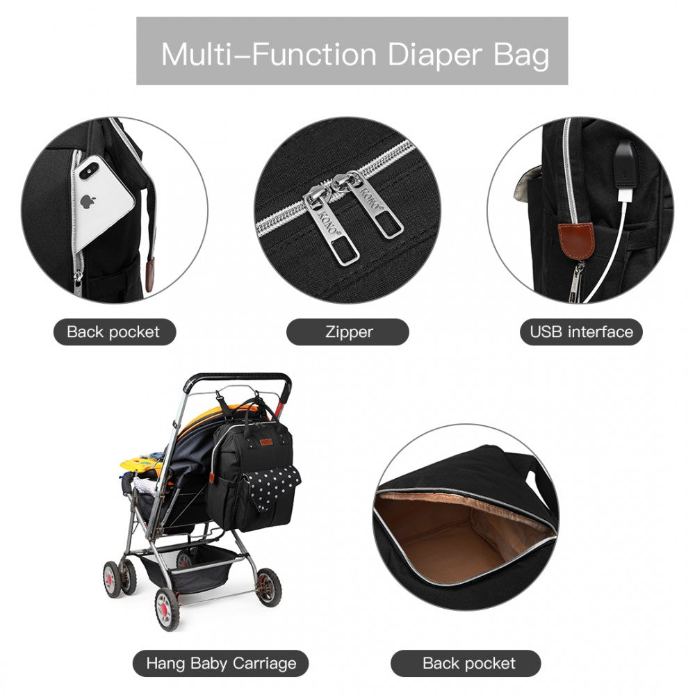 Kono Polka Dot Maternity Backpack Bag With USB Connectivity - Black