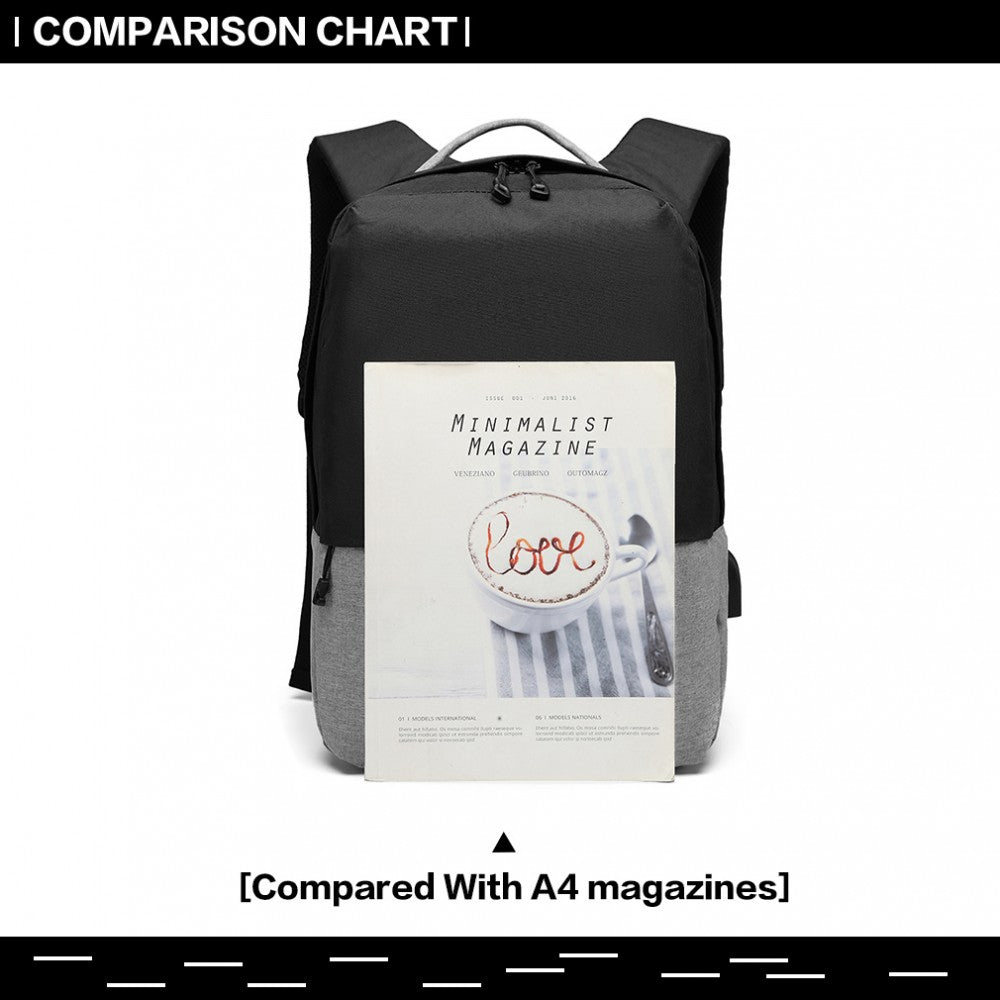 Kono Waterproof Basic Backpack With USB Charging Port - Black/Grey