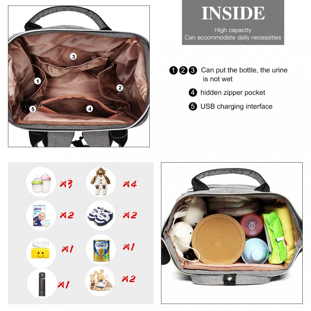 Kono Plain Wide Opening Baby Nappy Changing Backpack With USB Connectivity - Grey