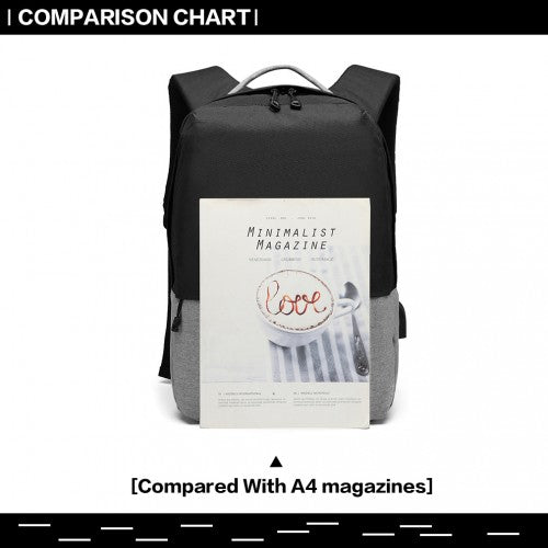 Kono Waterproof Basic Backpack With USB Charging Port - Black/Grey