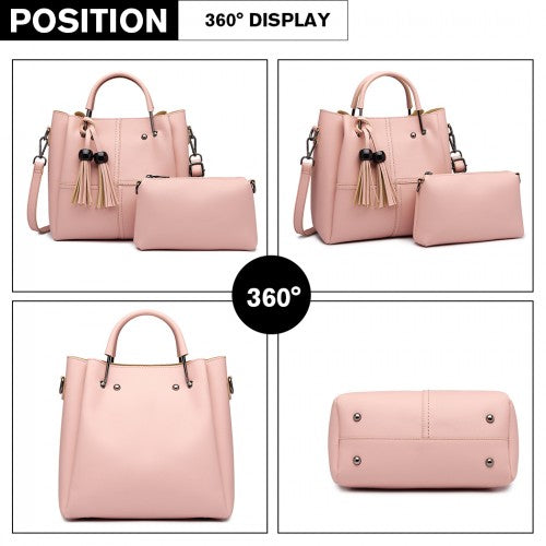 Miss Lulu Leather Look 2 In 1 Bucket Handbag - Pink