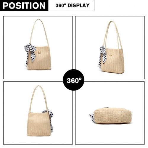 Miss Lulu Woven Straw Design Shoulder Bag With Polka Dot Scarf - Beige