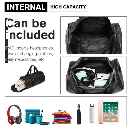 Kono Polyester Barrel Duffle Gym/Sports Bag - Black
