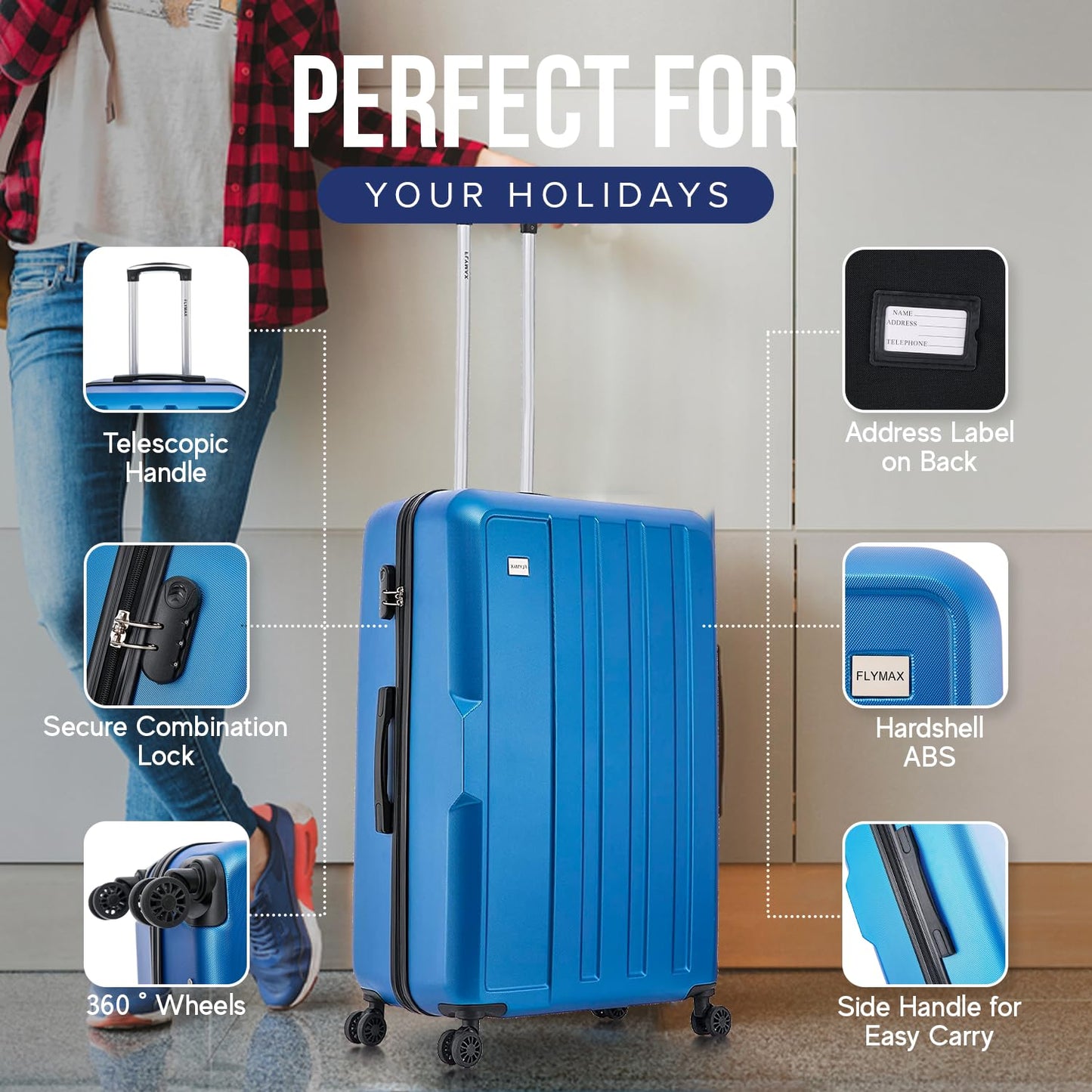 FLYMAX 24" Medium Suitcase Super Lightweight 4 Wheel Spinner Hard Shell ABS Luggage Hold Check in Travel Case