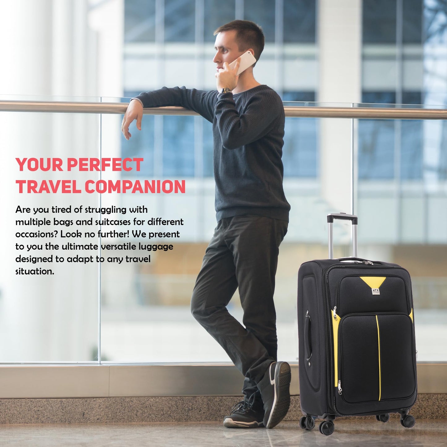 ATX Luggage Suitcase Large Expandable Durable Lightweight Suitcase with 4 Dual Spinner Wheels and Built-in 3 Digit Combination Lock (Black/Yellow, 28 Inches, 109 Liters)