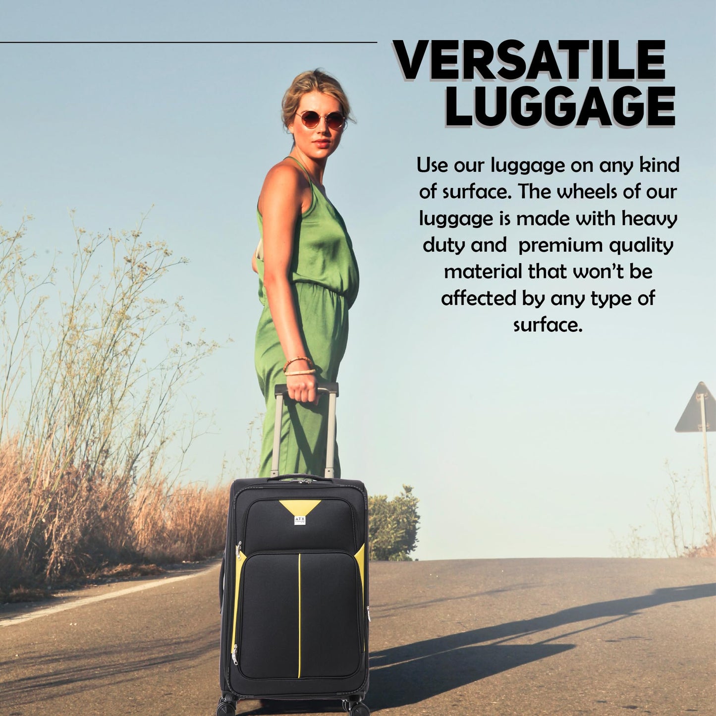 ATX Luggage Suitcase Large Expandable Durable Lightweight Suitcase with 4 Dual Spinner Wheels and Built-in 3 Digit Combination Lock (Black/Yellow, 28 Inches, 109 Liters)