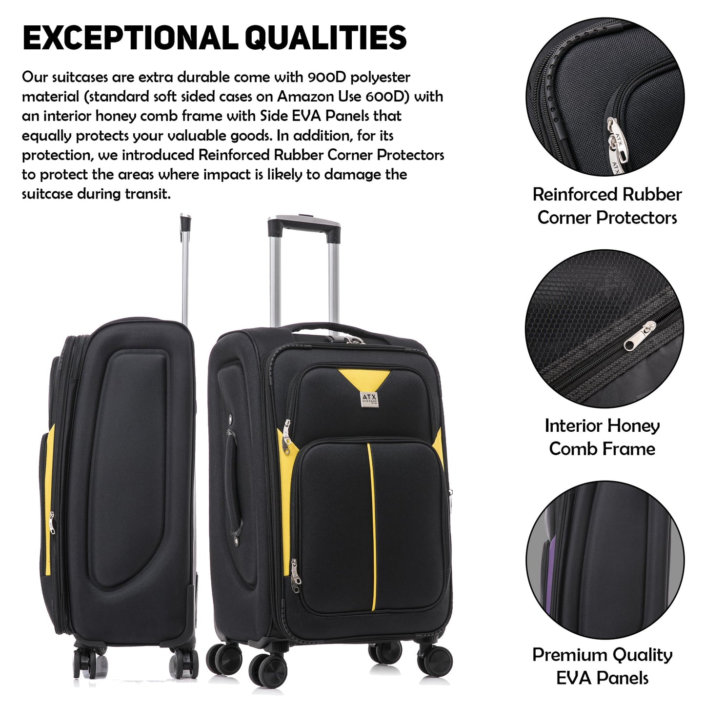 ATX Luggage Suitcase Large Expandable Durable Lightweight Suitcase with 4 Dual Spinner Wheels and Built-in 3 Digit Combination Lock (Black/Yellow, 28 Inches, 109 Liters)