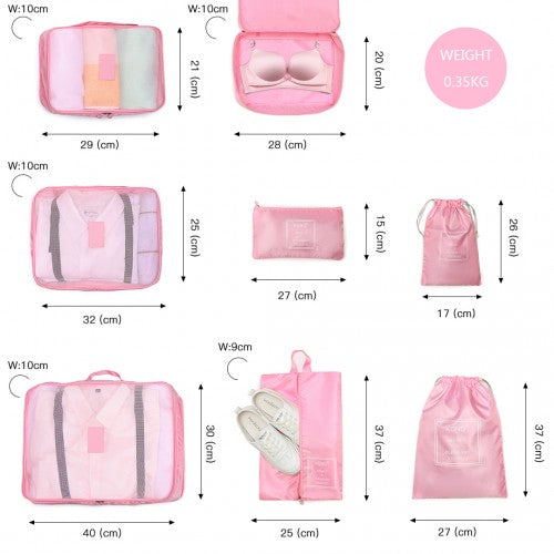 Kono 8 Piece Polyester Travel Luggage Organiser Bag Set - Pink