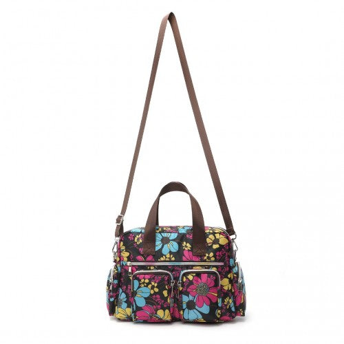 Kono Sleek Multi-Pocket Water-Resistant Crossbody Tote Bag With Flower Print - Black