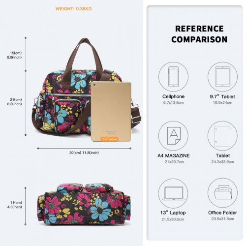 Kono Sleek Multi-Pocket Water-Resistant Crossbody Tote Bag With Flower Print - Black