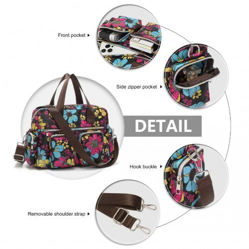 Kono Sleek Multi-Pocket Water-Resistant Crossbody Tote Bag With Flower Print - Black