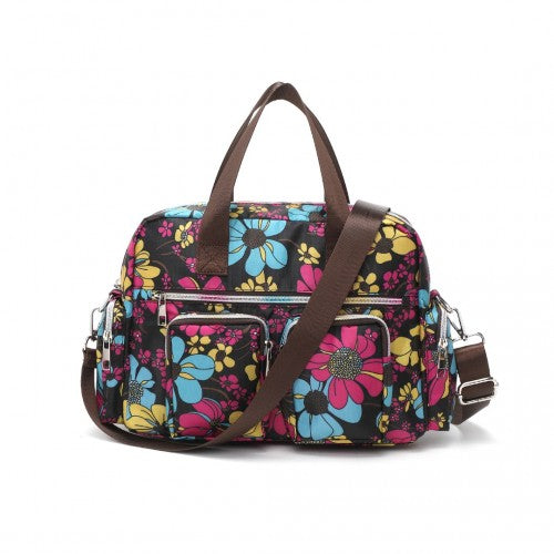 Kono Sleek Multi-Pocket Water-Resistant Crossbody Tote Bag With Flower Print - Black