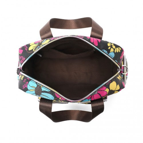 Kono Sleek Multi-Pocket Water-Resistant Crossbody Tote Bag With Flower Print - Black