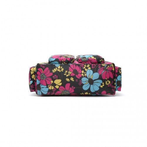 Kono Sleek Multi-Pocket Water-Resistant Crossbody Tote Bag With Flower Print - Black