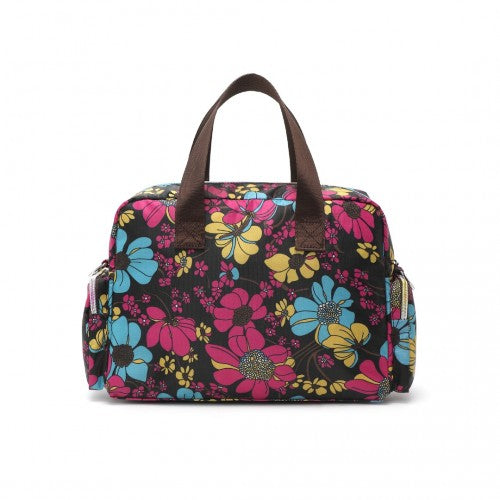 Kono Sleek Multi-Pocket Water-Resistant Crossbody Tote Bag With Flower Print - Black