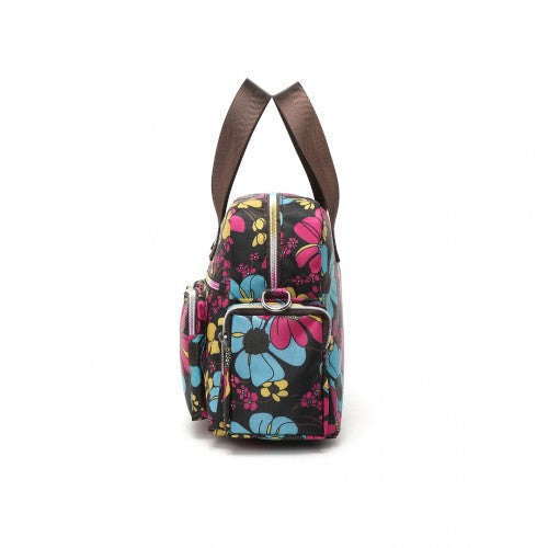 Kono Sleek Multi-Pocket Water-Resistant Crossbody Tote Bag With Flower Print - Black