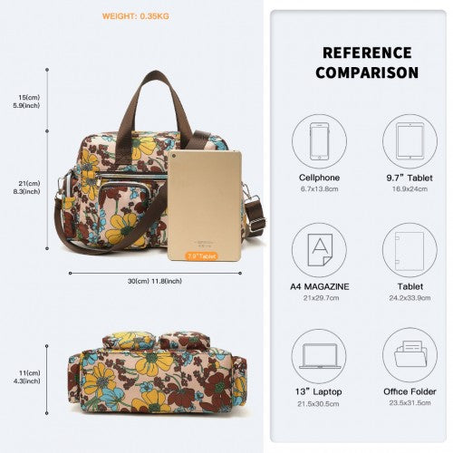 Kono Sleek Multi-Pocket Water-Resistant Crossbody Tote Bag With Flower Print - Khaki