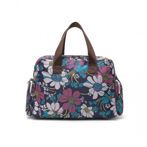 Kono Sleek Multi-Pocket Water-Resistant Crossbody Tote Bag With Flower Print - Navy