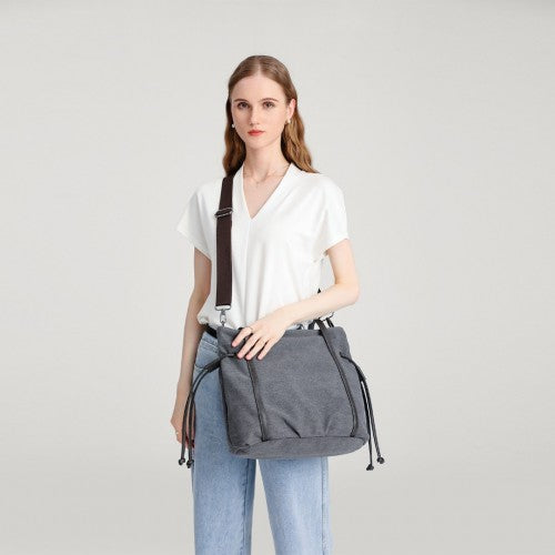 Kono Large Capacity Canvas & Leather Fusion Shoulder Tote Bag - Grey