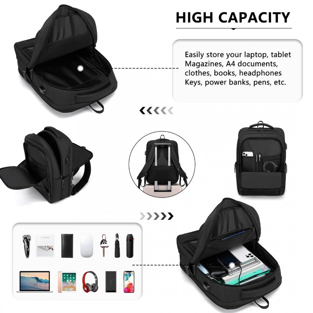 Kono Multi-Compartment Backpack With USB Port - Black