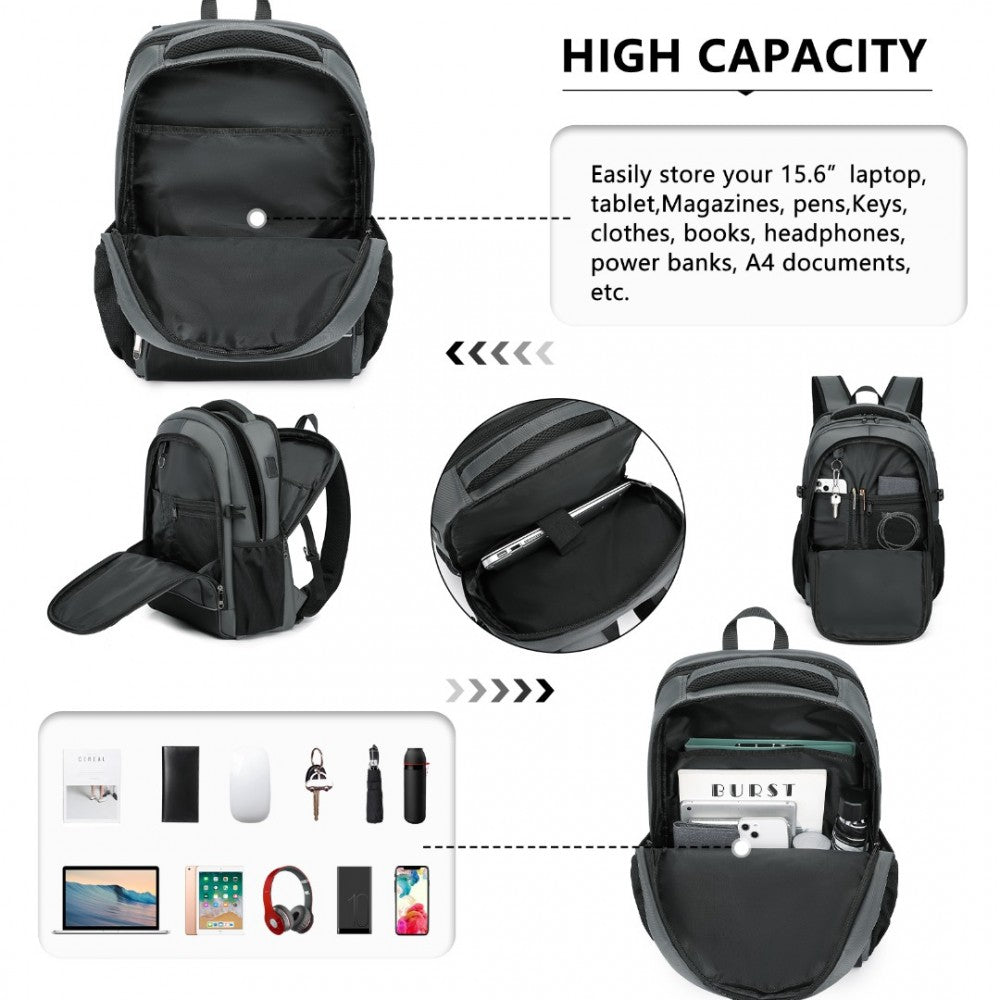 Kono Functional Travel Backpack With USB Charging Port - Grey