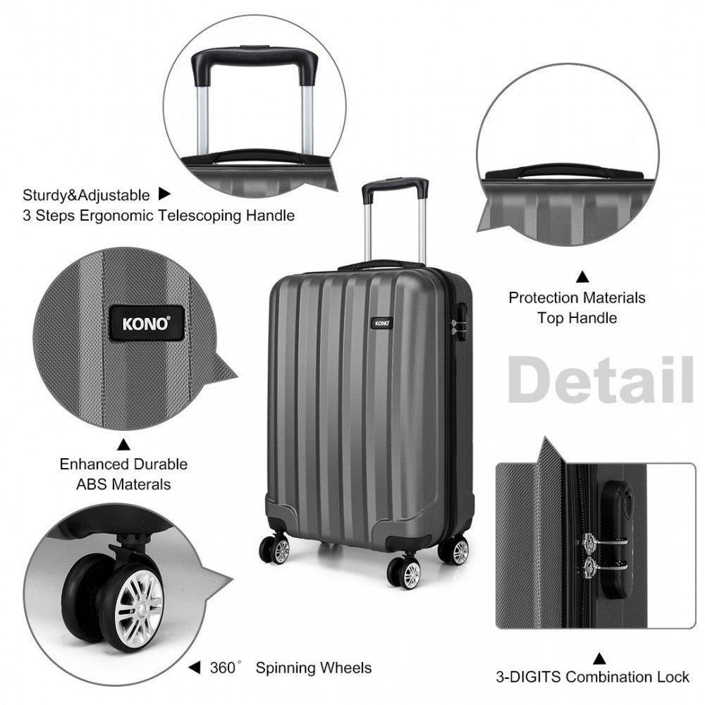 Kono Vertical Stripe Hard Shell Suitcase 19/24/28 Inch 3 Piece Luggage Set - Grey