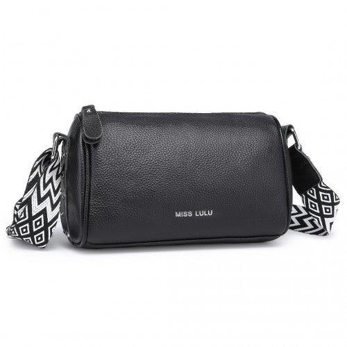 Miss Lulu Lightweight Wide Strap Genuine Leather Crossbody Bag - Black