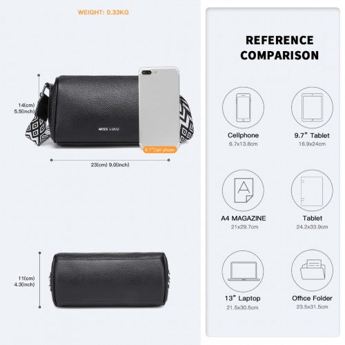 Miss Lulu Lightweight Wide Strap Genuine Leather Crossbody Bag - Black