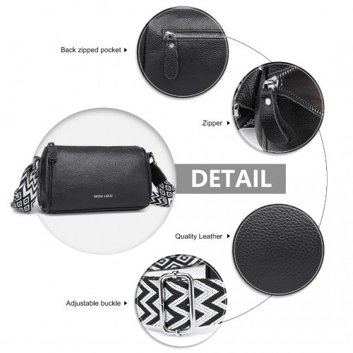 Miss Lulu Lightweight Wide Strap Genuine Leather Crossbody Bag - Black