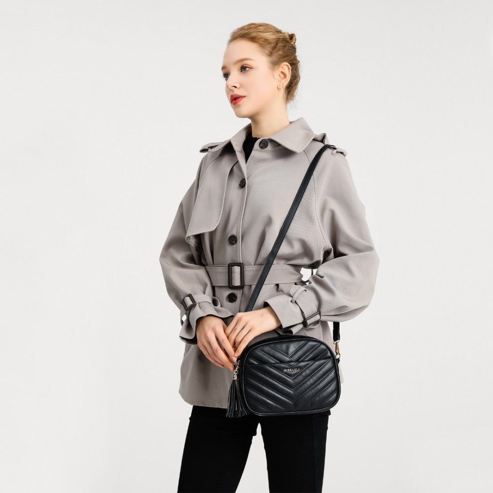 Miss Lulu Lightweight Quilted Leather Cross Body Bag - Black