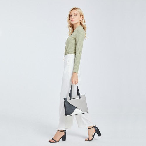 Miss Lulu Contrast Panel Shoulder Bag - Grey And Beige