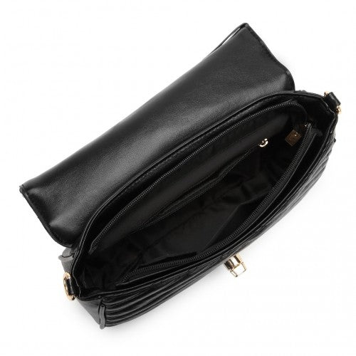 Miss Lulu V-Quilted Flap Leather Shoulder Bag - Black