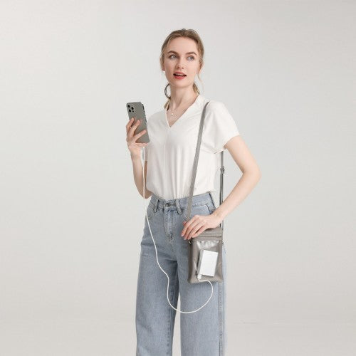 Miss Lulu Touch Screen Genuine Leather Small Crossbody Bag - Grey