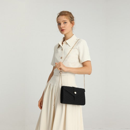 Miss Lulu V-Stitched Flap Leather Chain Bag - Pink