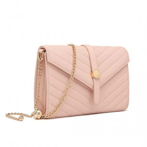 Miss Lulu V-Stitched Flap Leather Chain Bag - Pink