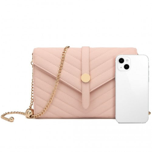 Miss Lulu V-Stitched Flap Leather Chain Bag - Pink