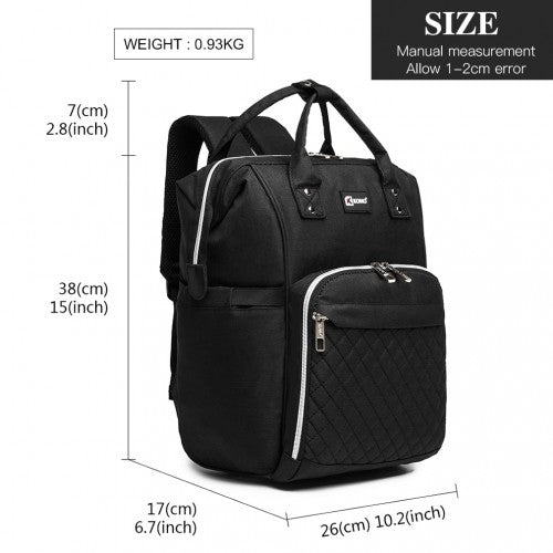 Kono Plain Wide Opening Baby Nappy Changing Backpack With USB Connectivity - Black