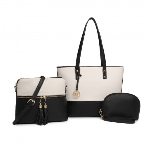 Miss Lulu 3 Piece Leather Look Tote Bag Set - Black And Beige