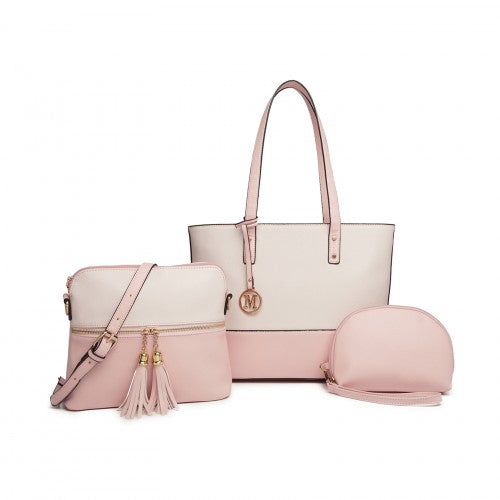 Miss Lulu 3 Piece Leather Look Tote Bag Set - Pink And Beige