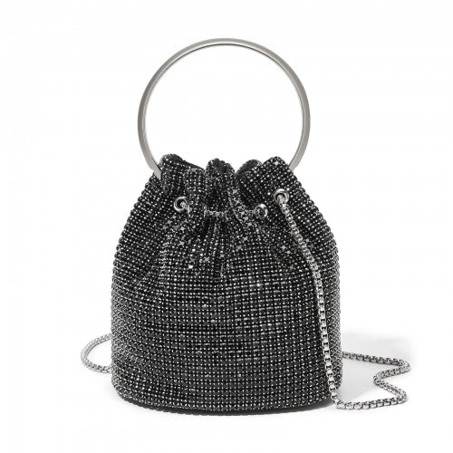 Women's Rhinestone Evening Bag – Sparkly Handbag with Metal Ring Handle and Chain Crossbody Strap - Black
