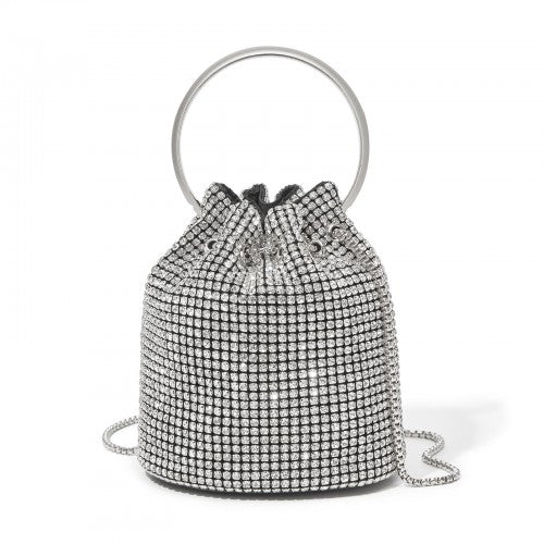 Women's Rhinestone Evening Bag – Sparkly Handbag with Metal Ring Handle and Chain Crossbody Strap - Silver