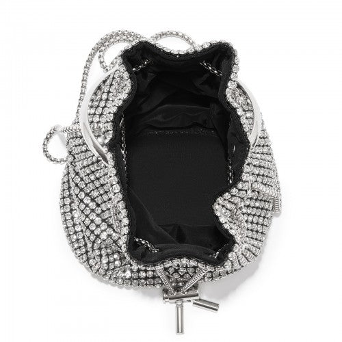Women's Rhinestone Evening Bag – Sparkly Handbag with Metal Ring Handle and Chain Crossbody Strap - Silver