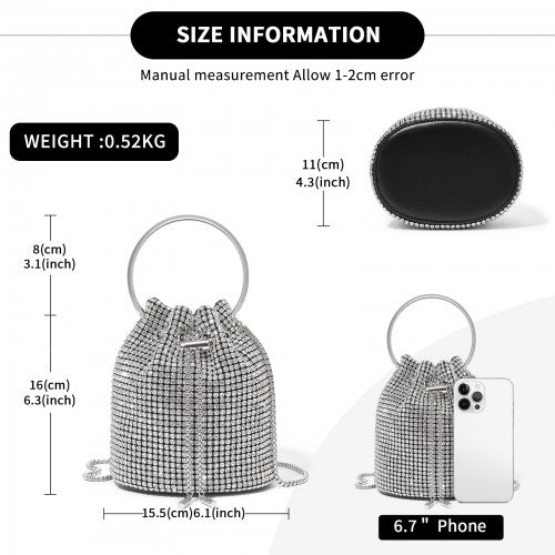 Women's Rhinestone Evening Bag – Sparkly Handbag with Metal Ring Handle and Chain Crossbody Strap - Silver