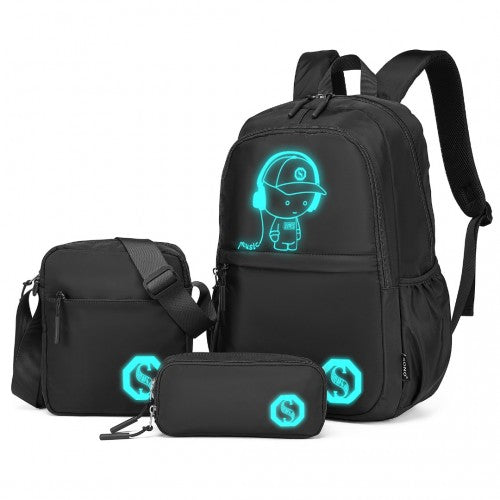 Kono Lightweight & Glow-In-The-Dark 3-Piece Laptop Backpack Set With Crossbody Bag And Pencil Case - Black