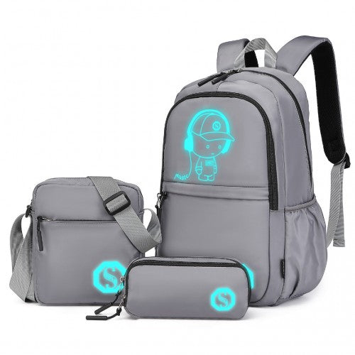 Kono Lightweight & Glow-In-The-Dark 3-Piece Laptop Backpack Set With Crossbody Bag And Pencil Case - Grey