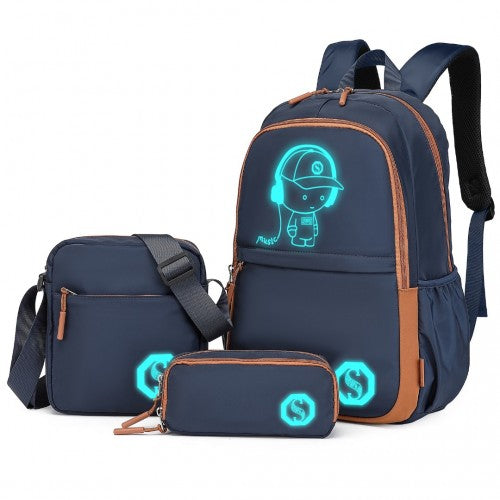 Kono Lightweight & Glow-In-The-Dark 3-Piece Laptop Backpack Set With Crossbody Bag And Pencil Case - Navy And Brown