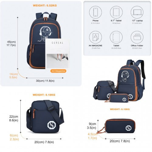 Kono Lightweight & Glow-In-The-Dark 3-Piece Laptop Backpack Set With Crossbody Bag And Pencil Case - Navy And Brown