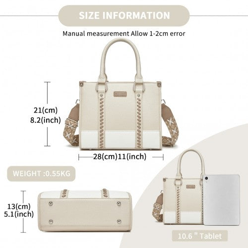 Miss Lulu PU Leather Graceful Spacious Tote Bag with Woven Trim and Detachable Ethnic Strap