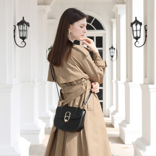 Miss Lulu Stylish PU Saddle Bag with Chain-Accent Top Handle & Adjustable Strap